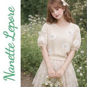 NANETTE LEPORE BEIGE WHITE FLORAL RHINESTONE SWEATER COTTAGECORE WHIMSICAL, MED